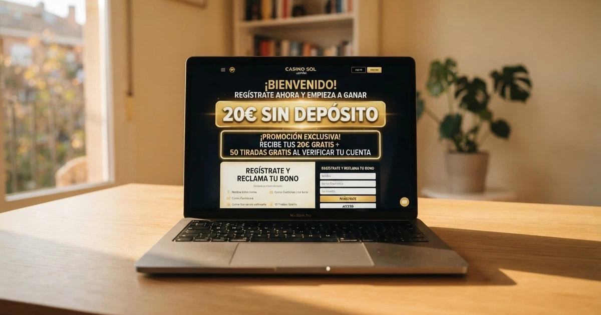 Pantalla de un casino online español mostrando una oferta de bono sin depósito con el importe destacado en la página de bienvenida