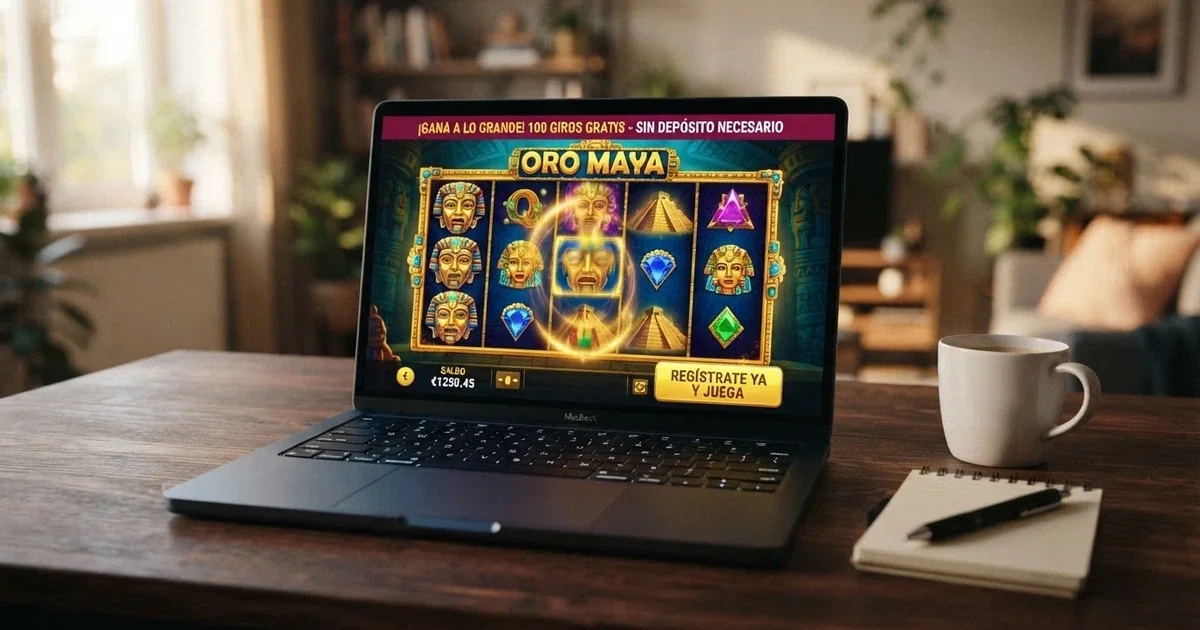 Pantalla de un casino online español con una promoción destacada de giros gratis sin depósito, el botón de registro en primer plano y las condiciones del bono visibles en la parte inferior