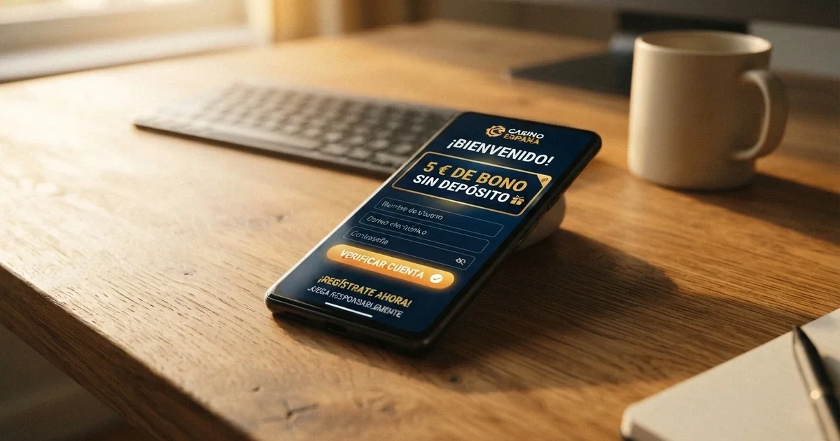 Un teléfono móvil mostrando la pantalla de registro de un casino online español con un mensaje de «5€ de bono sin depósito» junto al botón de verificación de cuenta