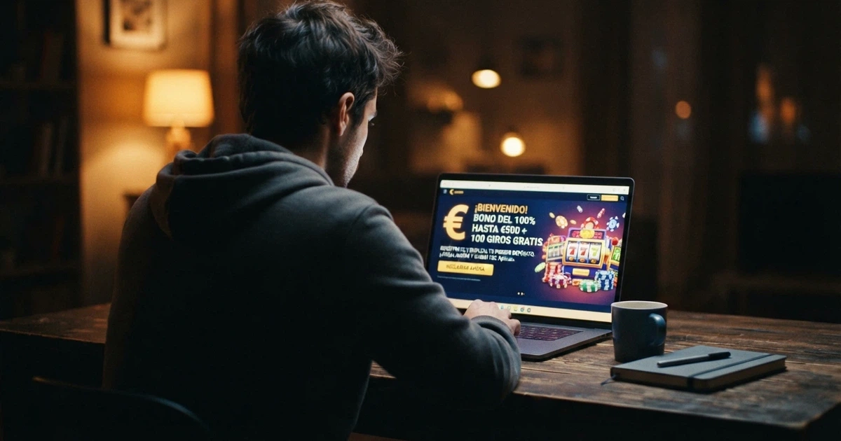 Jugador consultando las condiciones de un bono sin depósito en la pantalla de un casino online español con licencia DGOJ