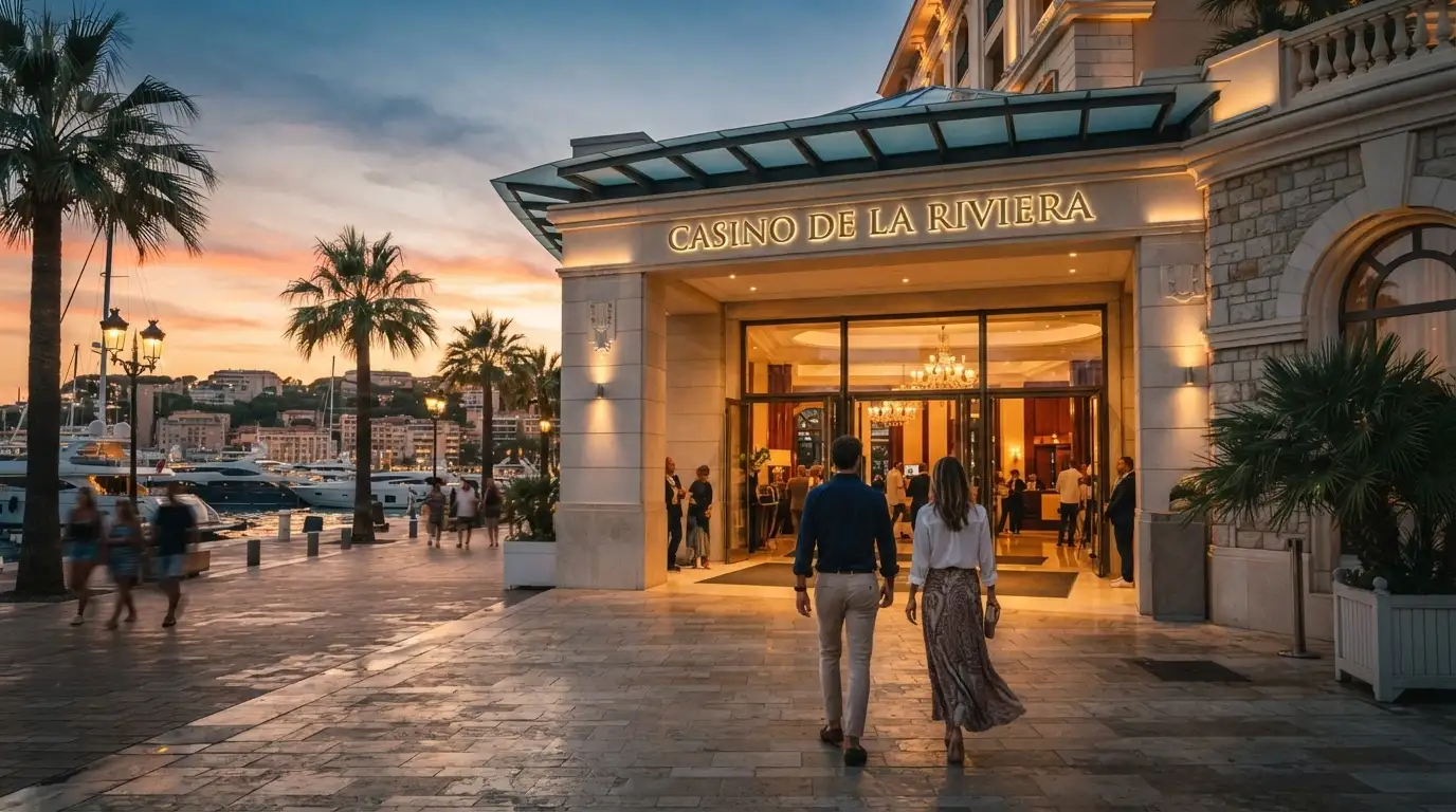 Entrada principal del Casino Barcelona en el Port Olímpic con visitantes accediendo