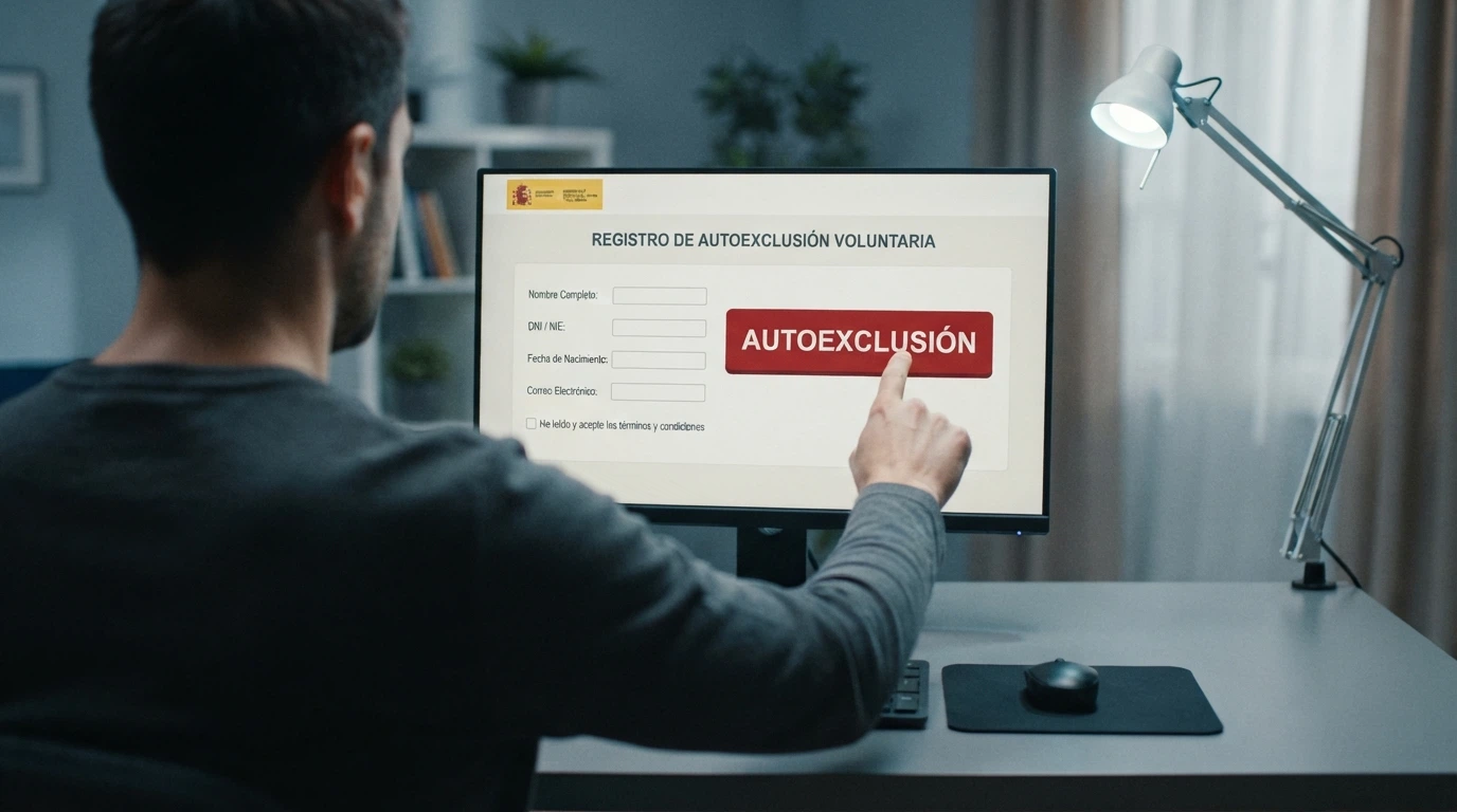 Una mano pulsando un botón con el texto «autoexclusión» en la pantalla de un ordenador, junto al logotipo de la DGOJ