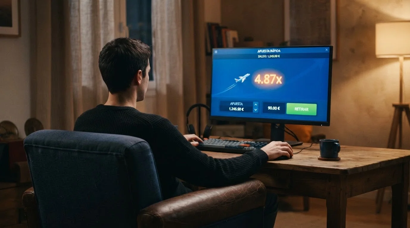 Un jugador frente a la pantalla viendo el resultado de una ronda de Aviator con expresión neutra, el saldo de su cuenta visible en la esquina