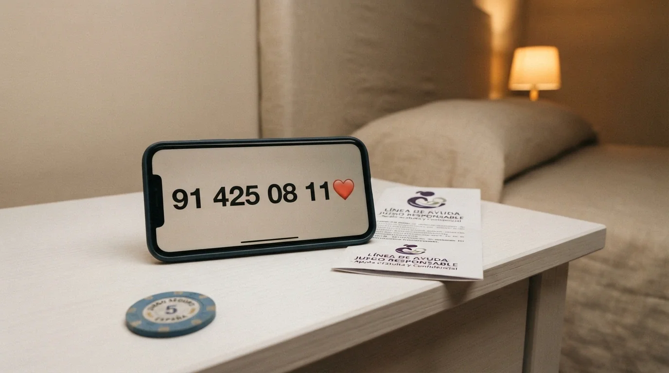 Un teléfono móvil con el número 91 425 08 11 en la pantalla y el logotipo del RGIAJ junto a un corazón que representa la red de ayuda