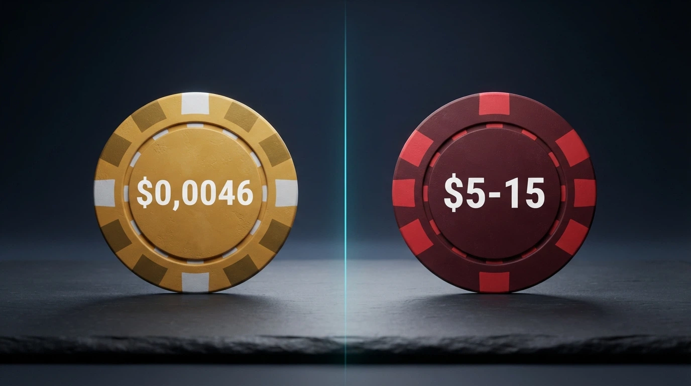 Dos monedas enfrentadas visualmente: una ficha dorada con el logo de BCH y comisión $0,0046 al lado, frente a otra con el logo de BTC y comisión $5-15