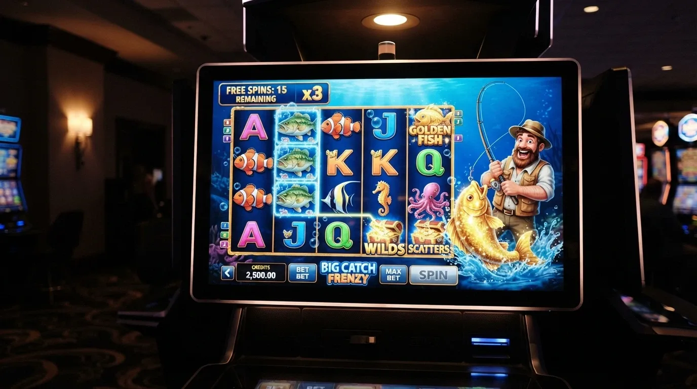 Pantalla de juego de Big Bass Splash con el pescador recogiendo un pez de alto valor durante la ronda de tiradas gratis
