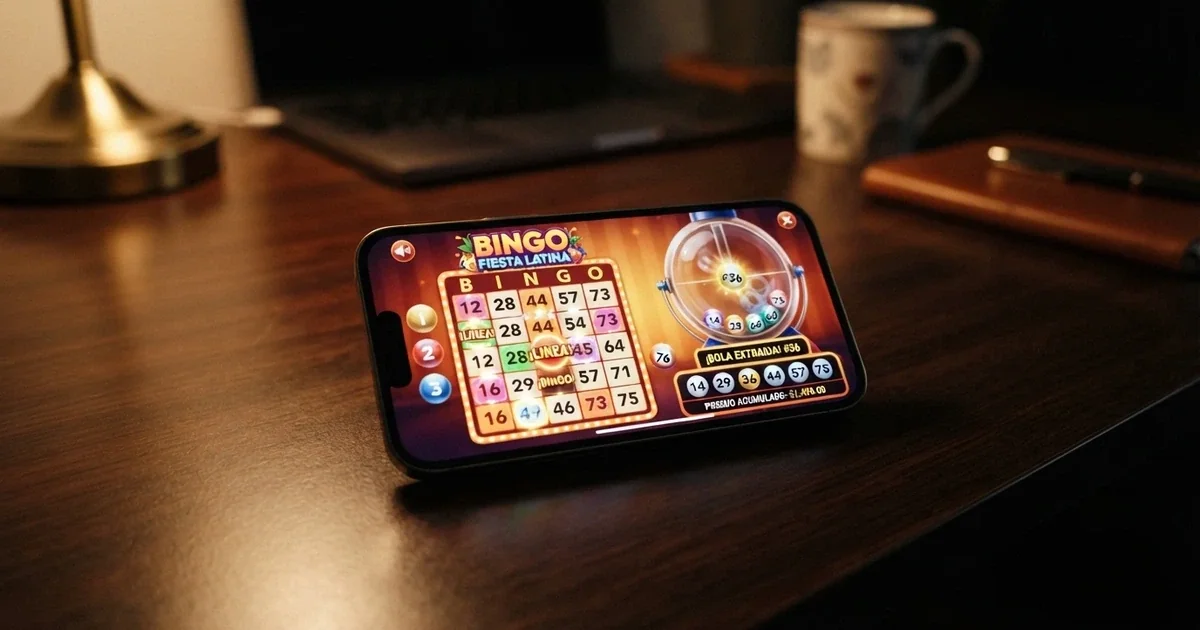 Interfaz de un casino online español con una sala de video bingo abierta, varios cartones activos en pantalla y el bombo extrayendo bolas