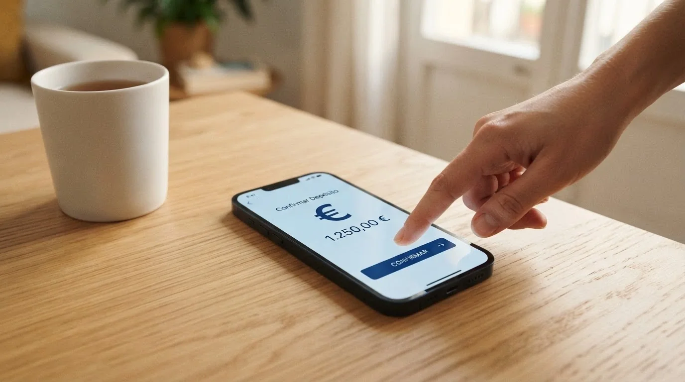 Teléfono móvil mostrando la pantalla de depósito por Bizum en la app de un casino online