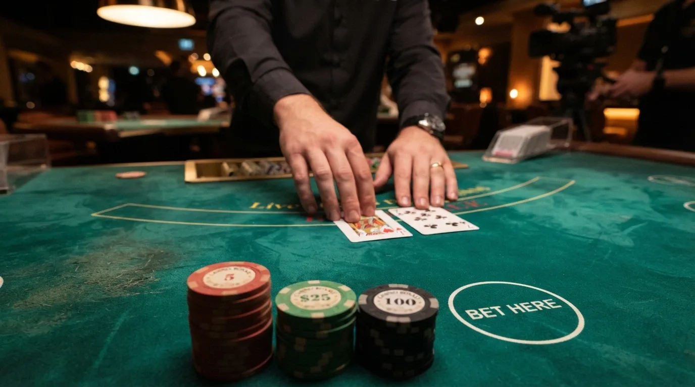 Mesa de blackjack en vivo con crupier real repartiendo cartas a varios jugadores conectados