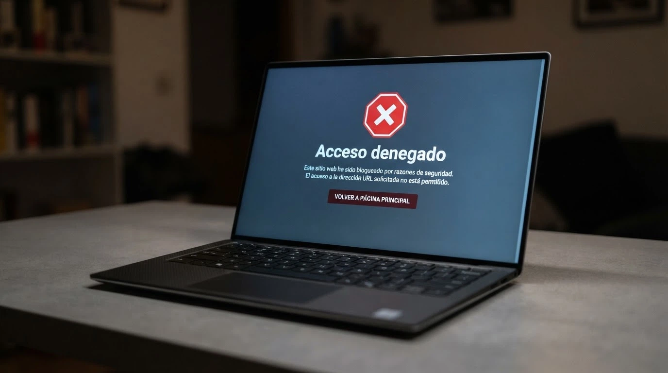 Pantalla de ordenador mostrando un mensaje de sitio bloqueado por orden judicial o administrativa