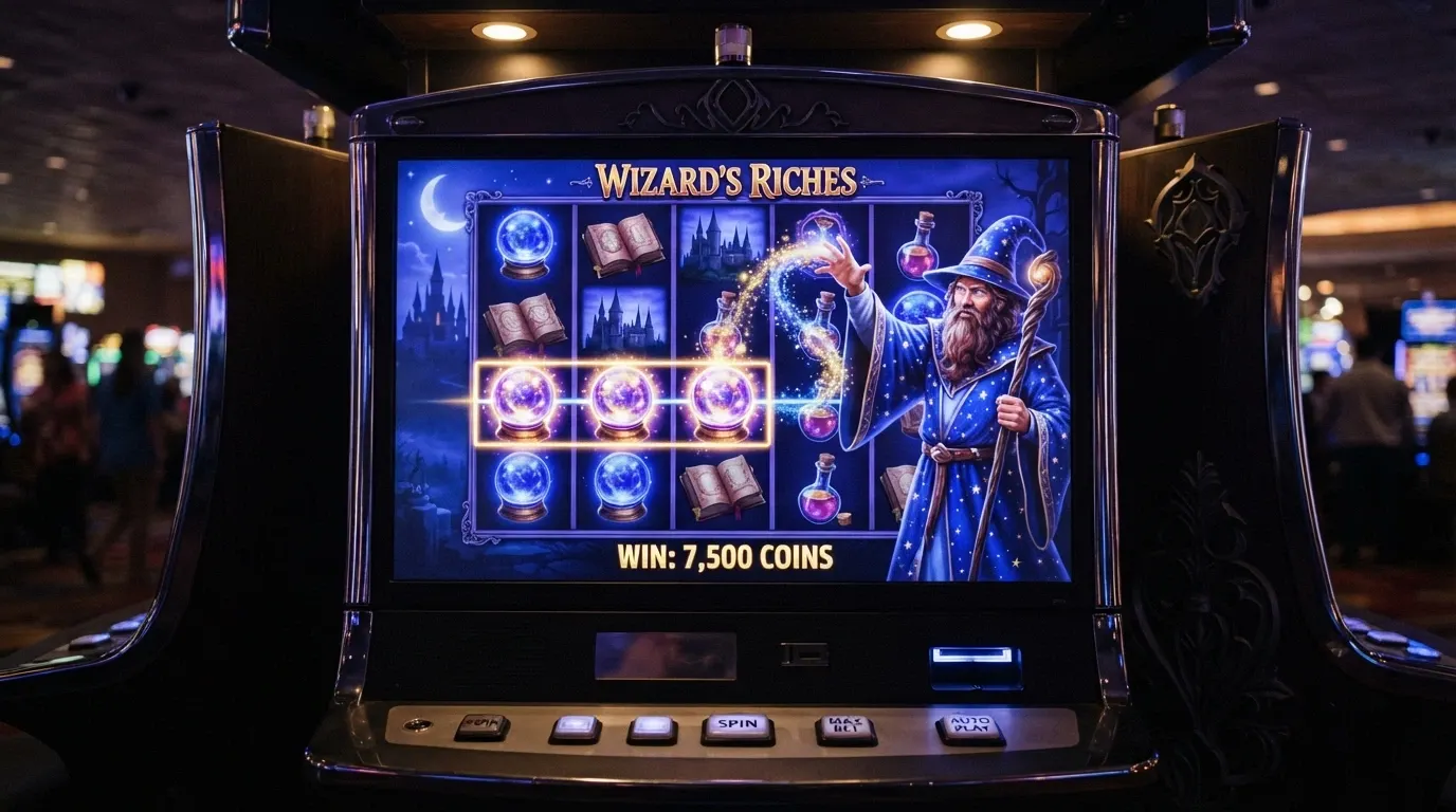 Pantalla de la tragaperras Fire Blaze Blue Wizard con los símbolos de cristal y el mago
