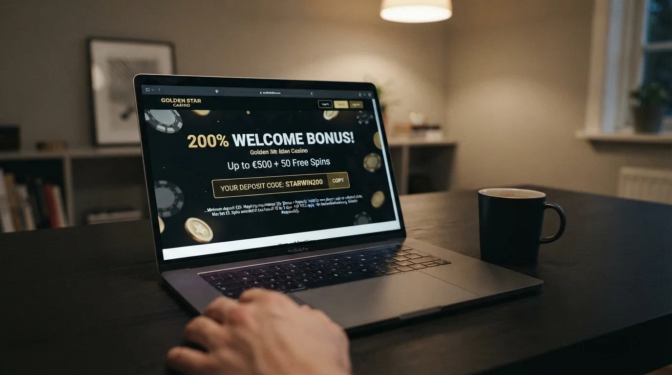 Pantalla de promoción de un bono de bienvenida en un casino cripto mostrando el porcentaje de match, el código de depósito y las condiciones en letra pequeña