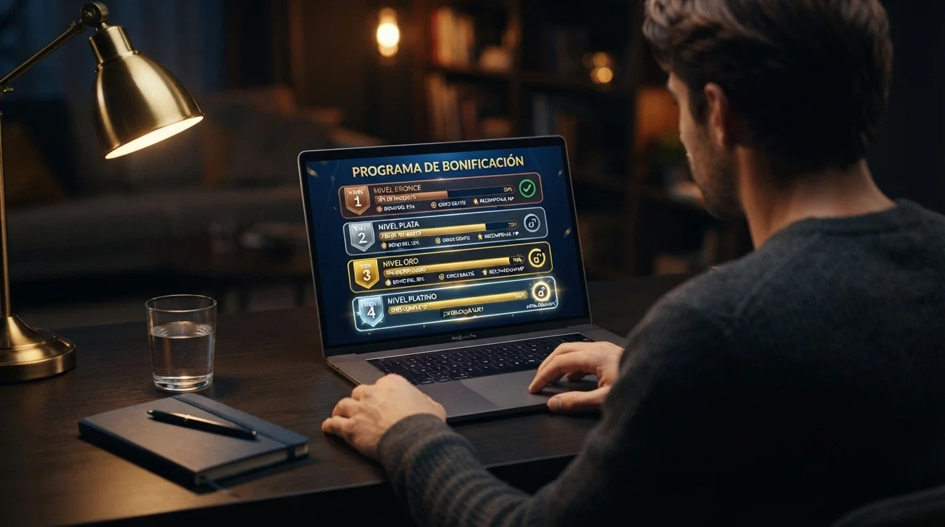 Pantalla de bono de bienvenida con los cuatro niveles de depósito y porcentajes de bonificación en un casino Solana