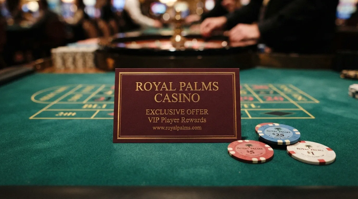 Tarjeta de bono de bienvenida sobre el fondo de una mesa de ruleta en vivo con fichas