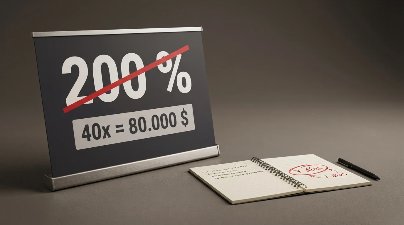Un bono de bienvenida con cifras grandes tachadas y el valor real después de aplicar el requisito de apuesta, junto a un calendario que marca la validez en días