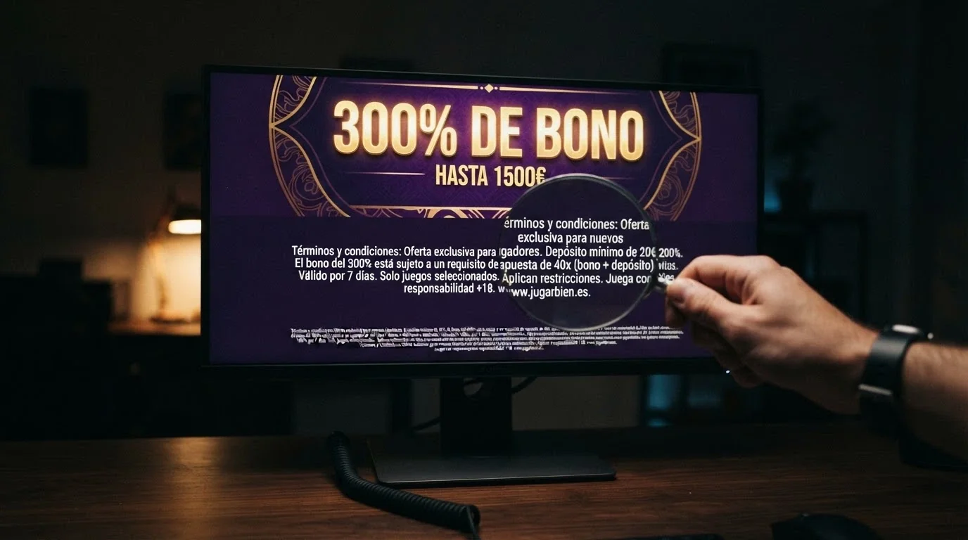 Un banner publicitario de casino con «300% DE BONO» en grande, y debajo, en letra pequeña destacada con lupa, las condiciones reales de wagering y validez