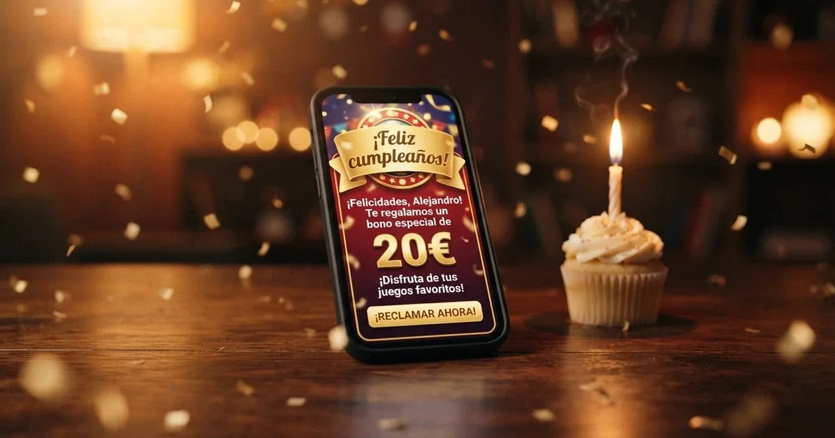 Pantalla de un casino online español con una notificación emergente de bono de cumpleaños que muestra un mensaje de felicitación y el importe del regalo junto a un pastel o confeti digital