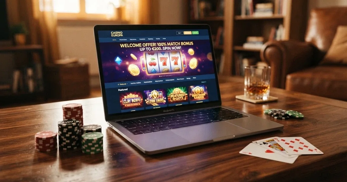 Pantalla de casino online con fichas, cartas y un banner de bienvenida que muestra un bono del 100%