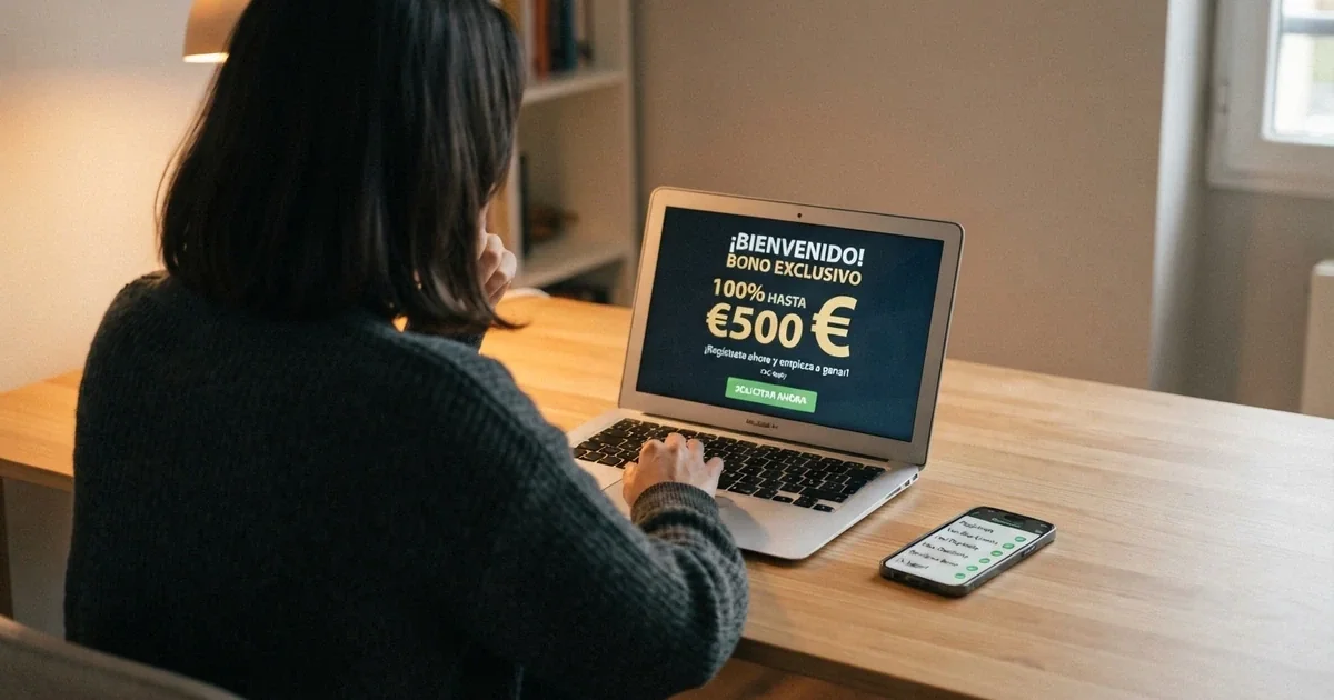 Un jugador consultando en una pantalla las condiciones de un bono de bienvenida de casino online