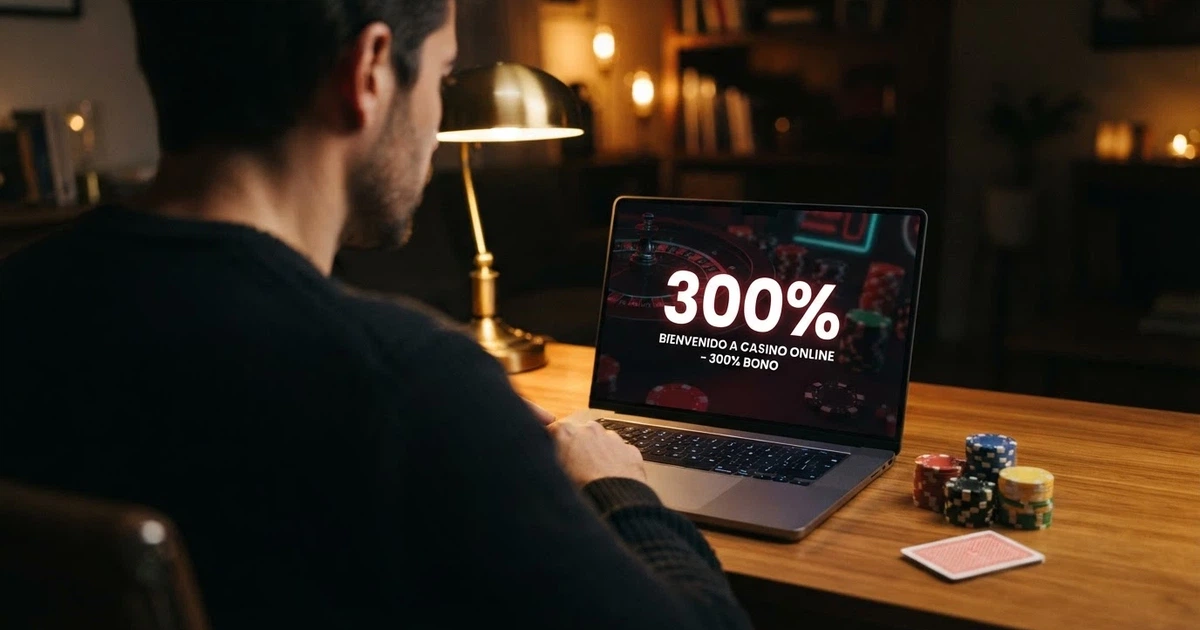 Pantalla de ordenador con la cifra 300% destacada sobre el fondo de un casino online y fichas de póker junto al teclado