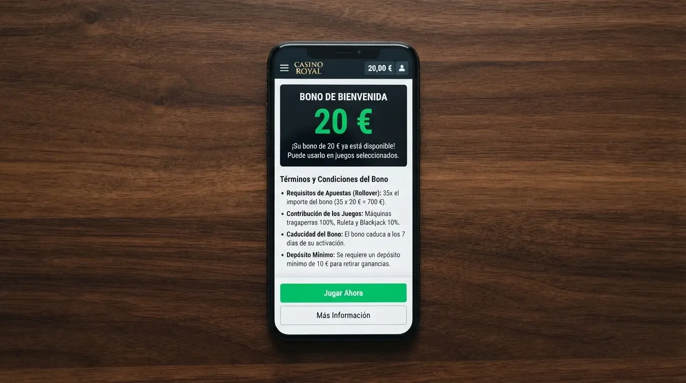 Interfaz de cuenta de casino con un saldo de bono activo de 20 € sin depósito realizado, mostrando la sección de términos y condiciones del bono en pantalla