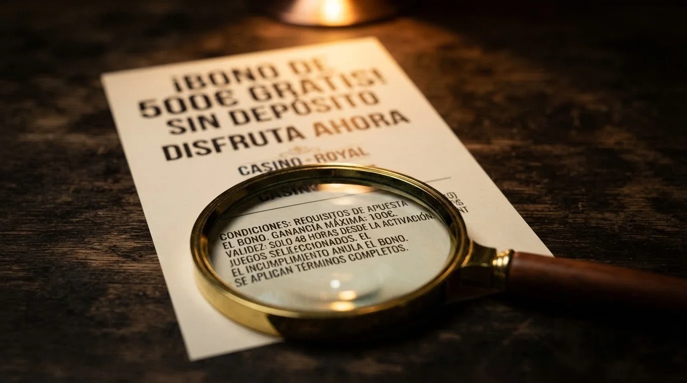 Primer plano de un bono de 30 € sin depósito con una lupa sobre la letra pequeña que revela «rollover x50», «ganancia máxima 30 €» y «plazo 7 días»