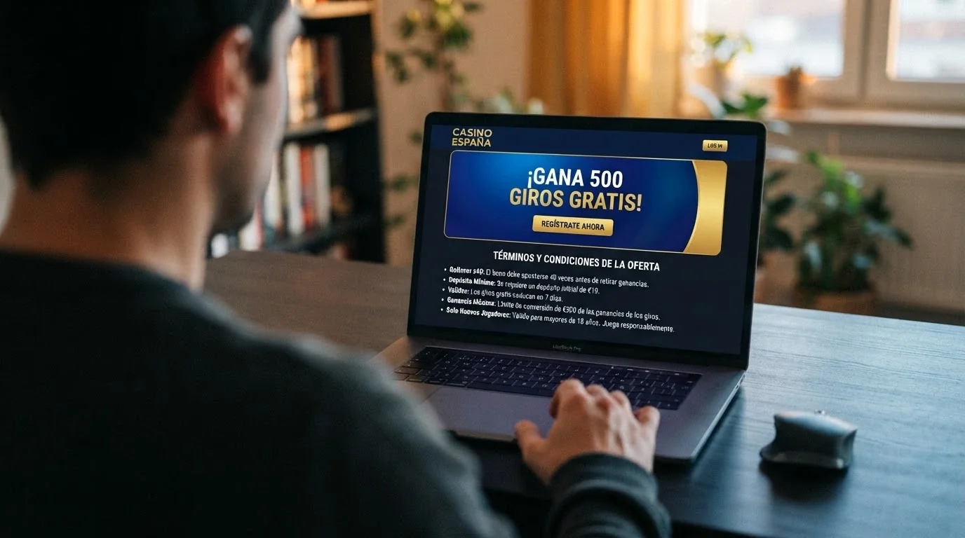 Pantalla de bienvenida de un casino online español mostrando una oferta de giros gratis por registro con la letra pequeña de condiciones desplegada
