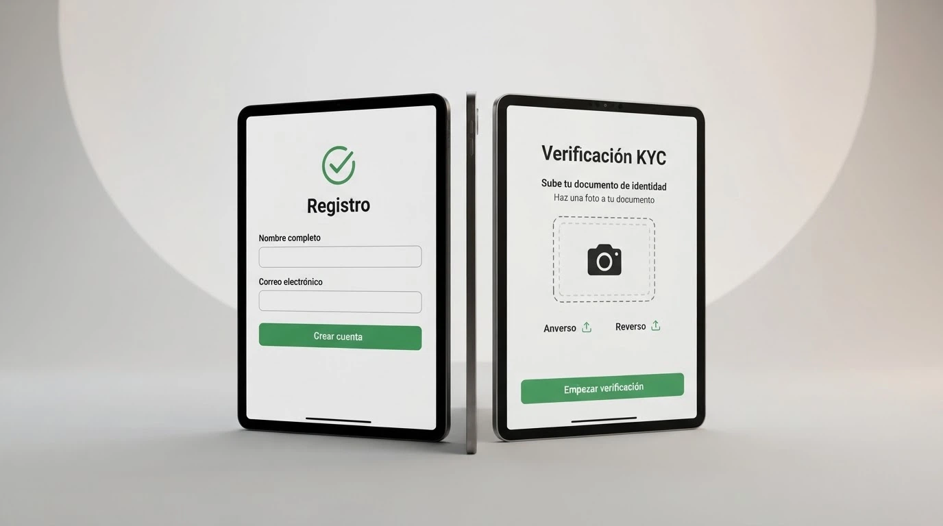 Pantalla dividida: a la izquierda, un formulario de registro con el texto «sin depósito»; a la derecha, el mismo formulario con un campo de verificación KYC resaltado