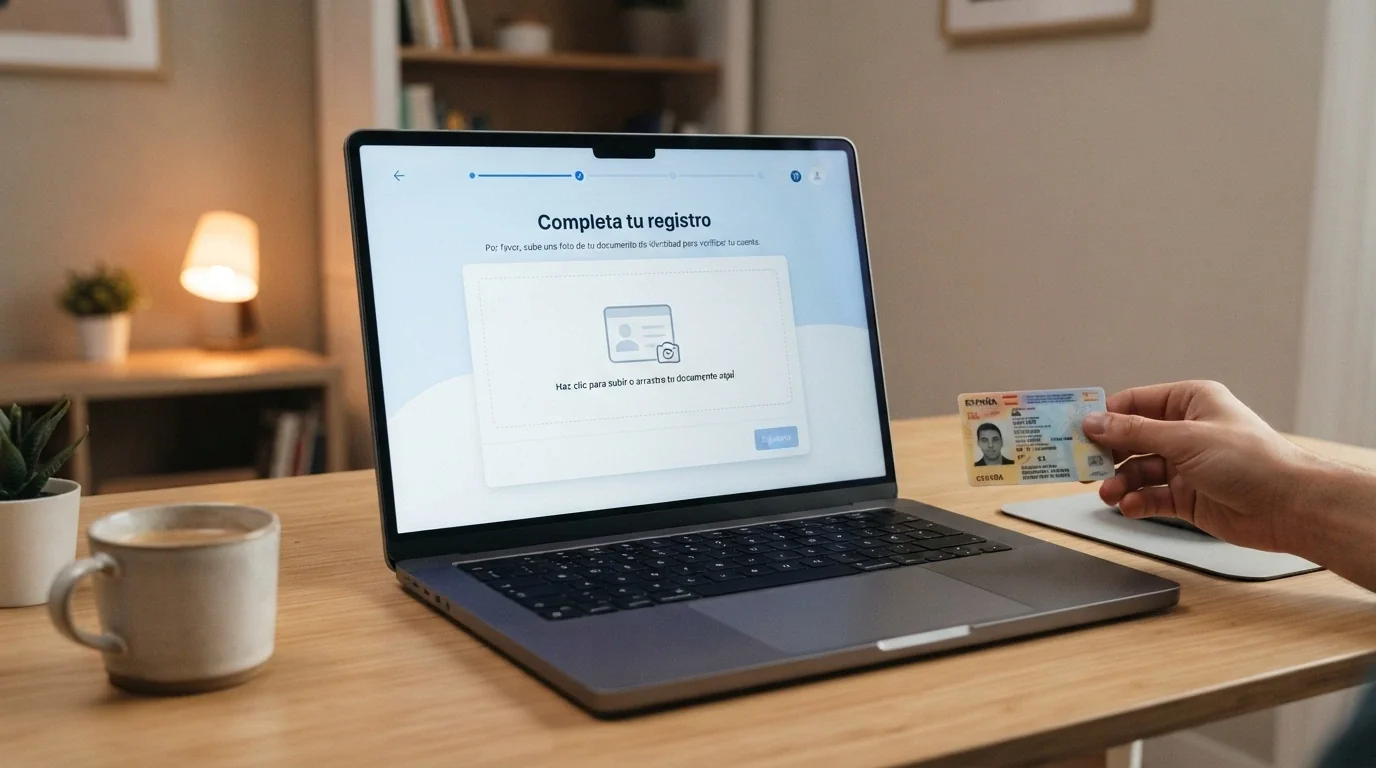 Pantalla de verificación de identidad en un casino online español con el mensaje «completa tu registro para recibir tu bono» en pantalla