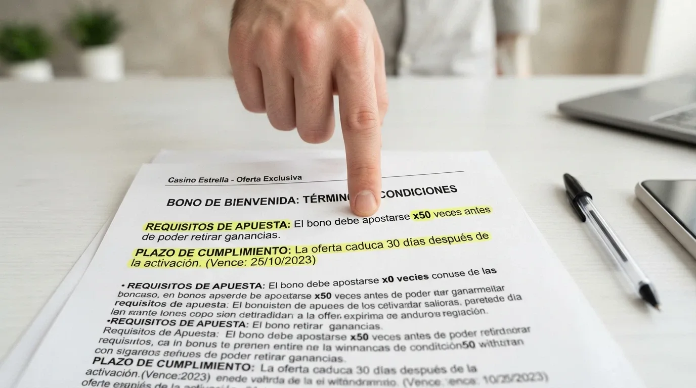 Primer plano de las condiciones de un bono de casino español con el porcentaje de rollover y la fecha de caducidad resaltados
