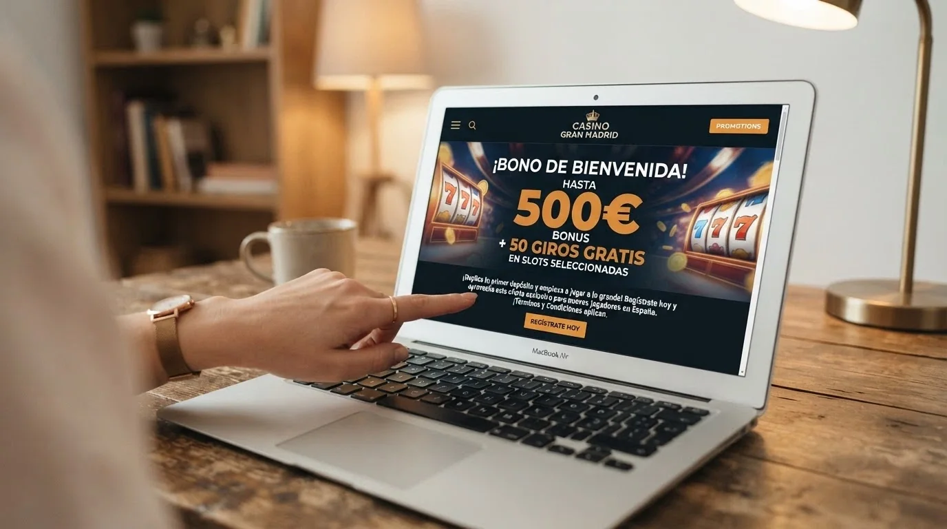 Captura de la página de promociones de un casino online español mostrando un bono de bienvenida con el importe destacado en grande y la letra pequeña del rollover debajo
