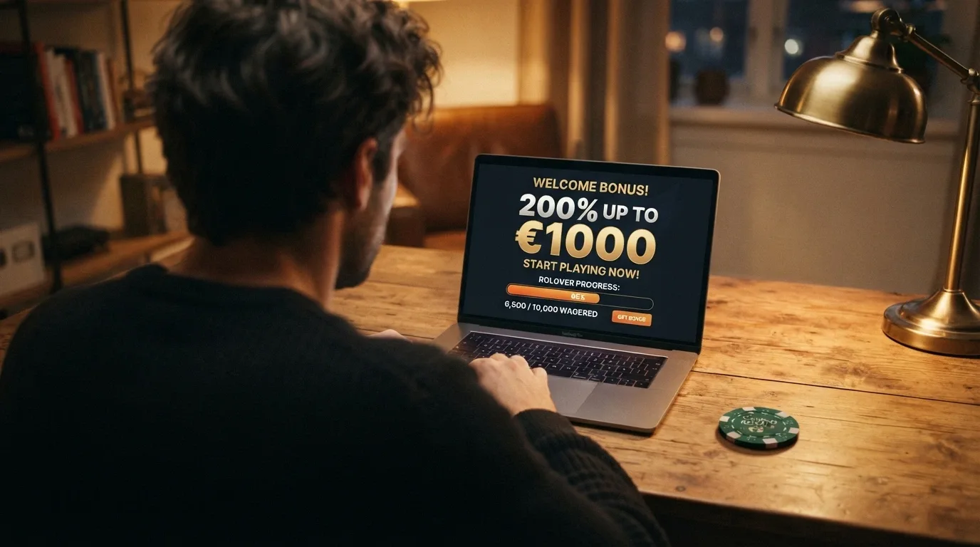 Pantalla de bono de bienvenida en un casino crypto con condiciones de rollover visibles