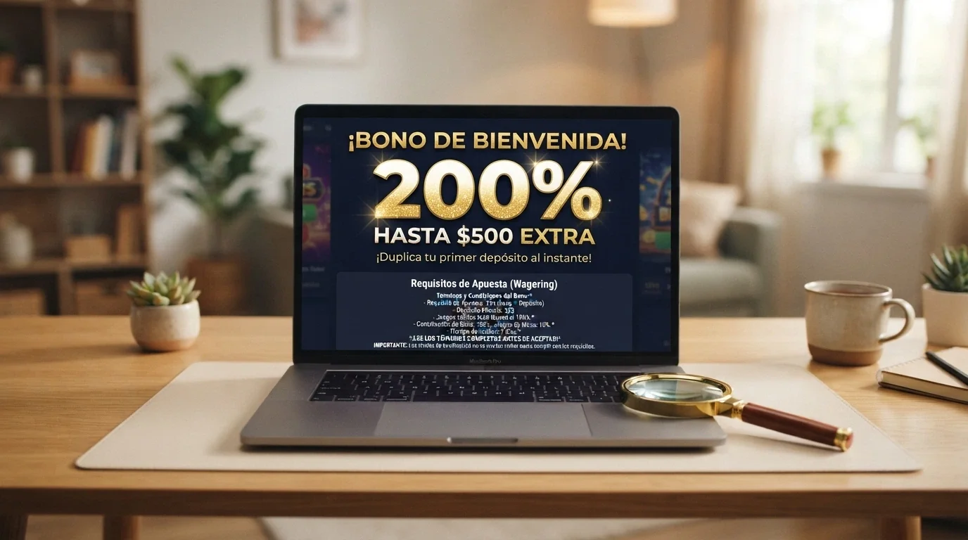 Pantalla de un casino online mostrando un bono del 200% con la letra pequeña de los requisitos de apuesta resaltada