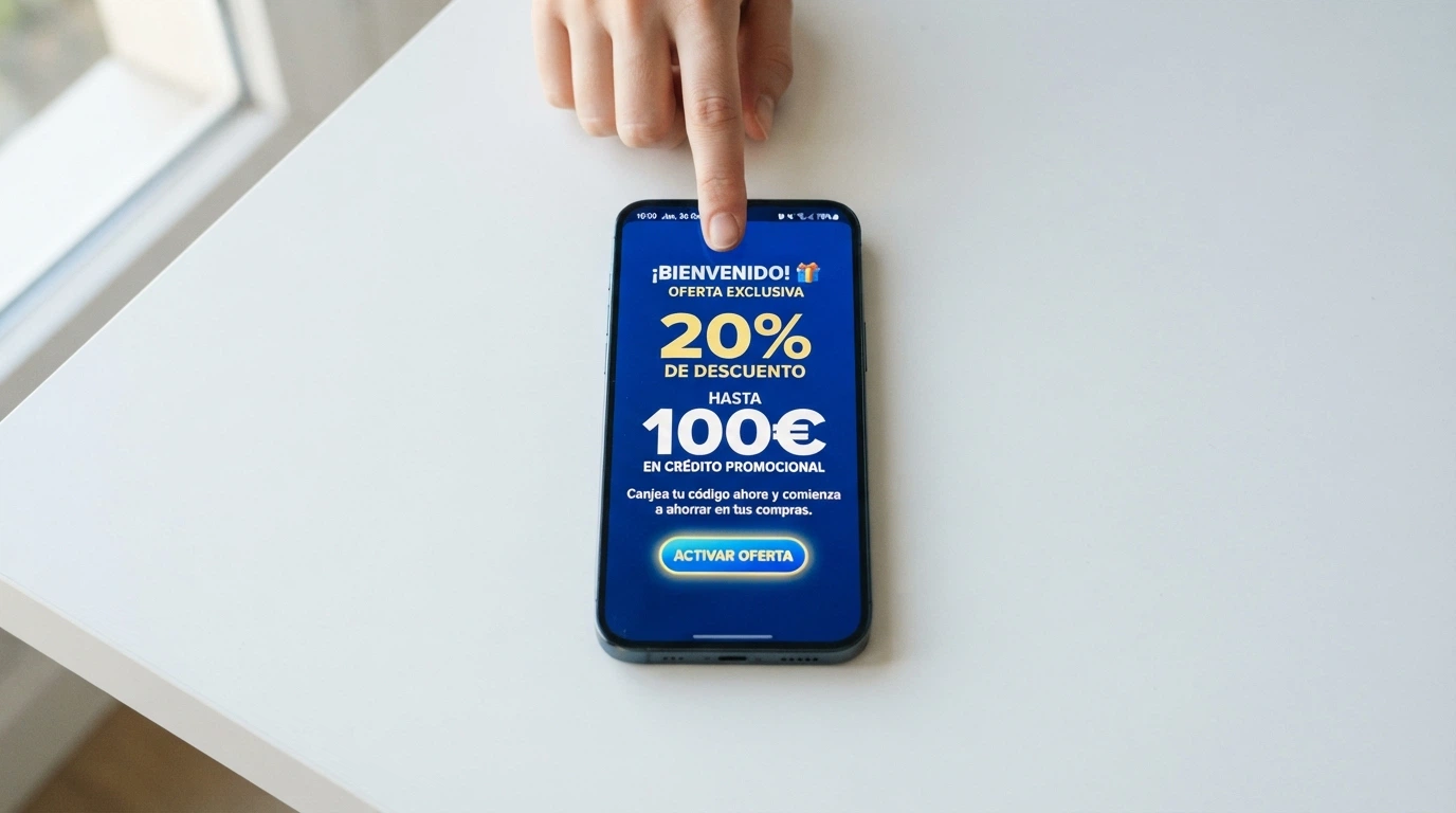 Pantalla de bienvenida de un casino online español con la oferta de bono de primer depósito
