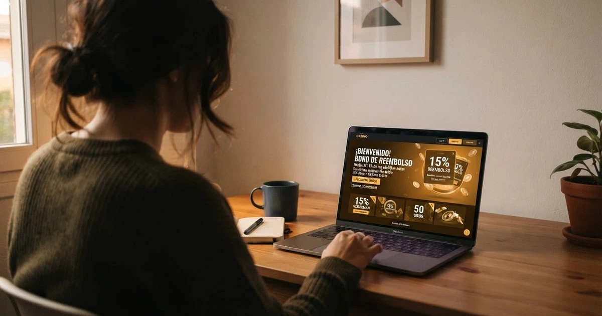 Un jugador consulta el apartado de promociones de un casino online español en la pantalla de su ordenador, con el texto «reembolso» visible en la interfaz