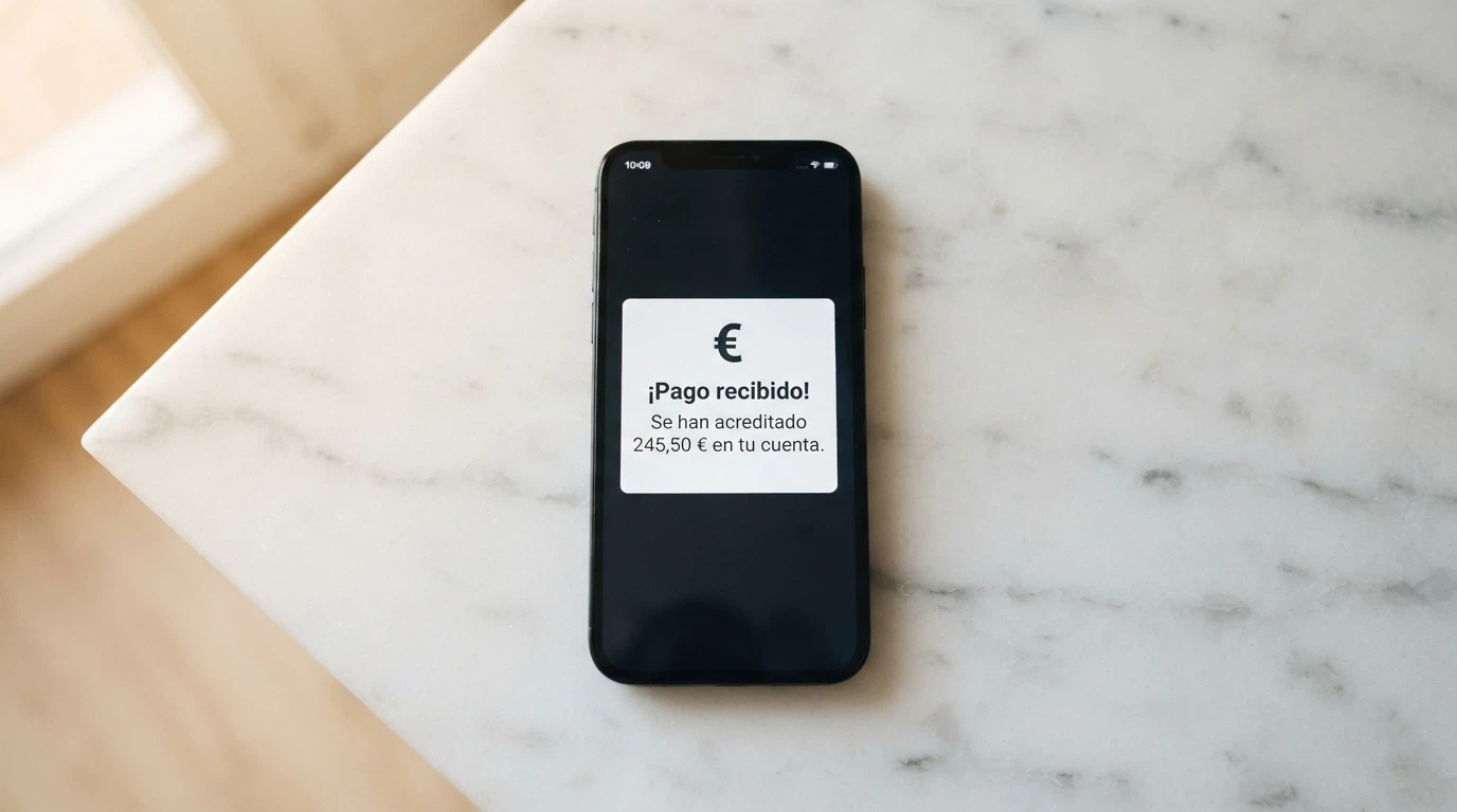 Un teléfono móvil mostrando una notificación de «30€ de bono sin depósito activado» junto al logo de un casino español