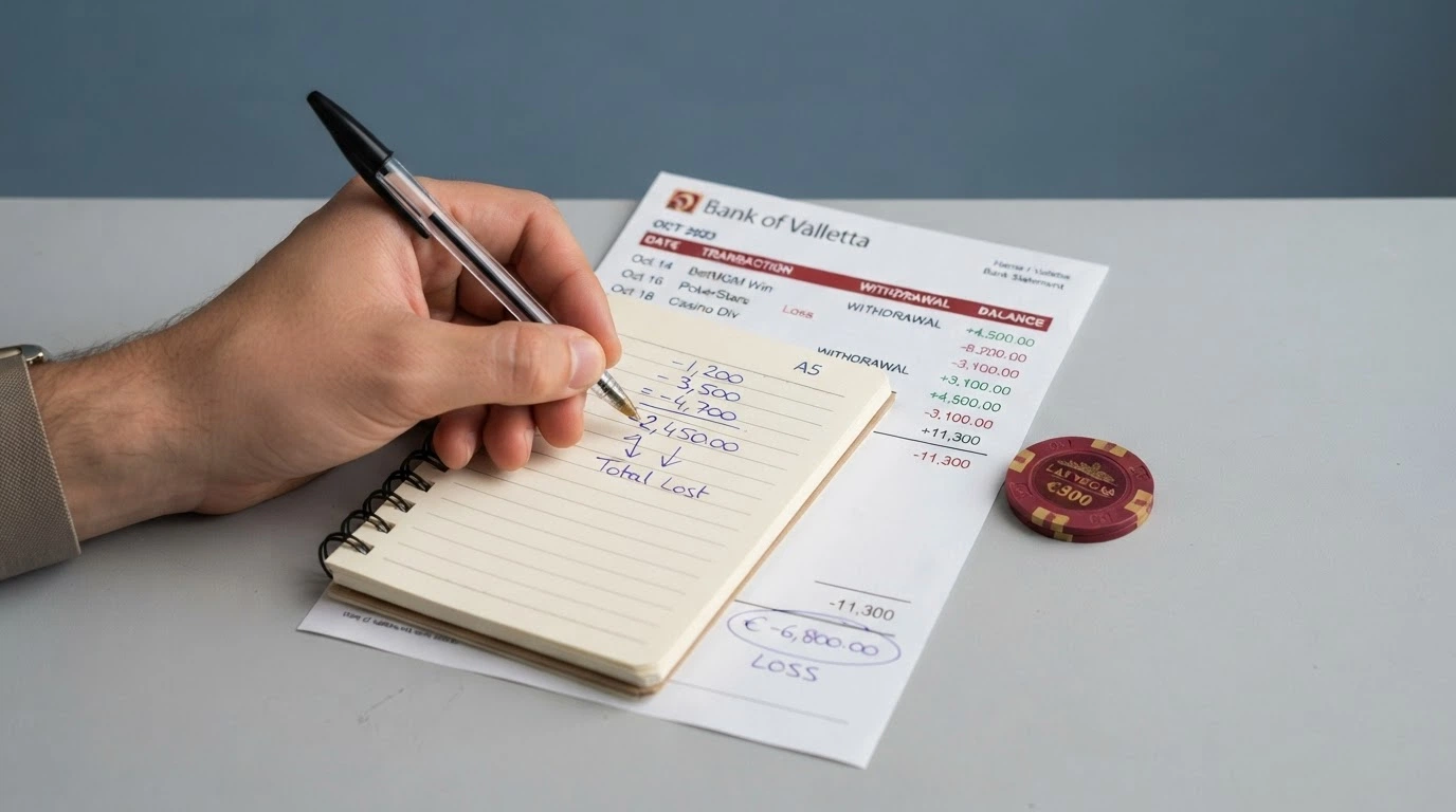 Una calculadora junto a un extracto bancario donde se restan las ganancias de las pérdidas para obtener las pérdidas netas del jugador