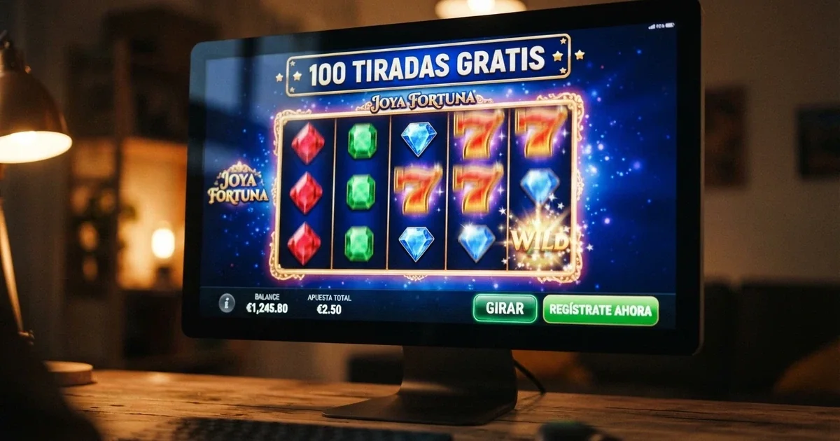 Pantalla de un casino online español mostrando una promoción destacada de tiradas gratis sin depósito junto al botón de registro