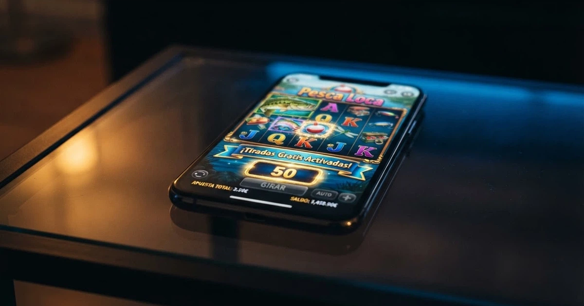 Una pantalla de ordenador mostrando una slot online colorida con el contador de 50 tiradas gratis activo y el logotipo de un casino con dominio .es