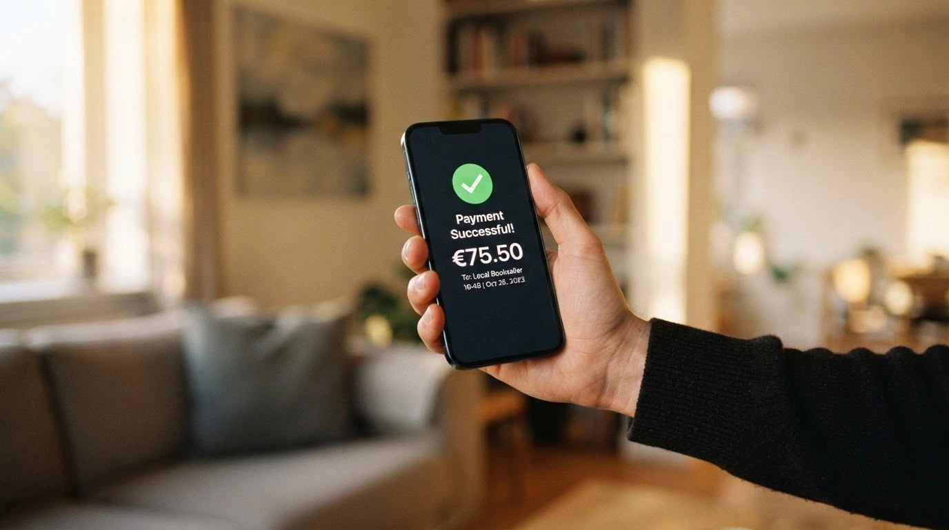 Mano sosteniendo un iPhone con la pantalla de Apple Pay lista para confirmar, en segundo plano un entorno doméstico con luz cálida