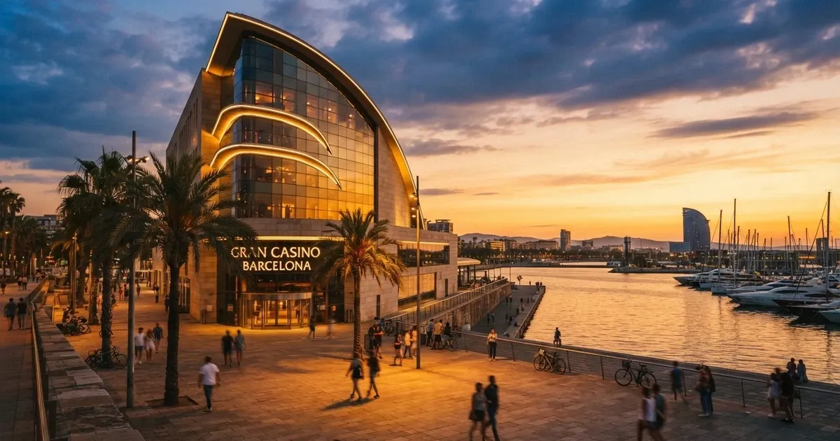 Vista panorámica del edificio del Gran Casino Barcelona junto al Port Olímpic al atardecer