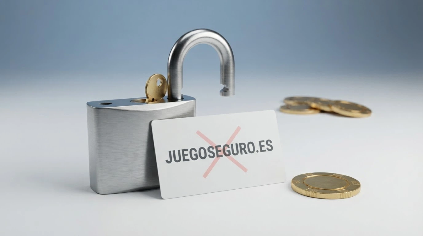 Un candado abierto junto al logotipo de la DGOJ y un dominio .es tachado, con monedas de BCH en el lado opuesto de la composición