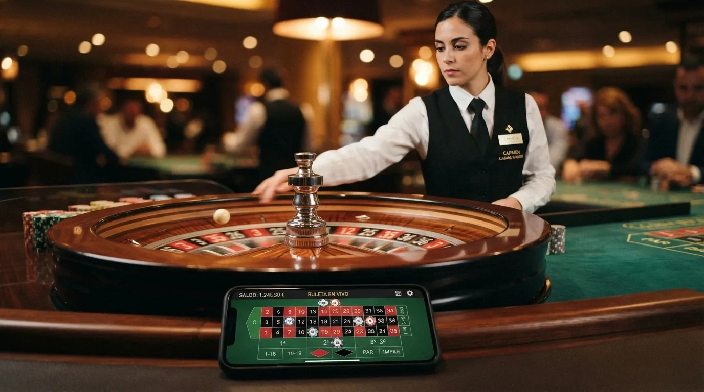 Mesa de ruleta con crupier real en un estudio de casino, con una pantalla de móvil mostrando la interfaz de apuestas