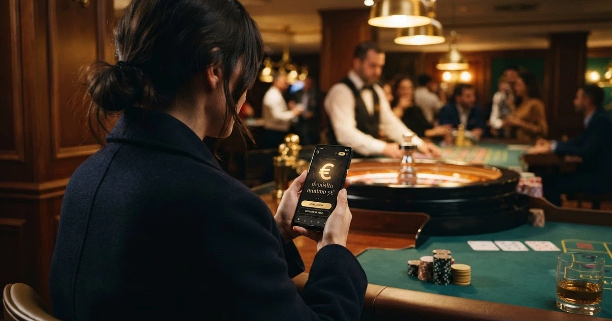 Un jugador consulta su móvil frente a una pantalla con fichas de ruleta y el símbolo del euro, con las palabras «depósito mínimo 5€» visibles en la interfaz del casino