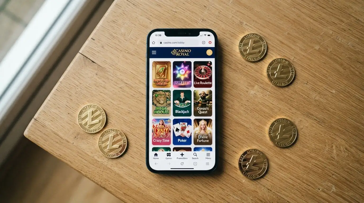 Un teléfono móvil mostrando un casino online en el navegador junto al icono de una app tachada, con fichas de Litecoin en primer plano