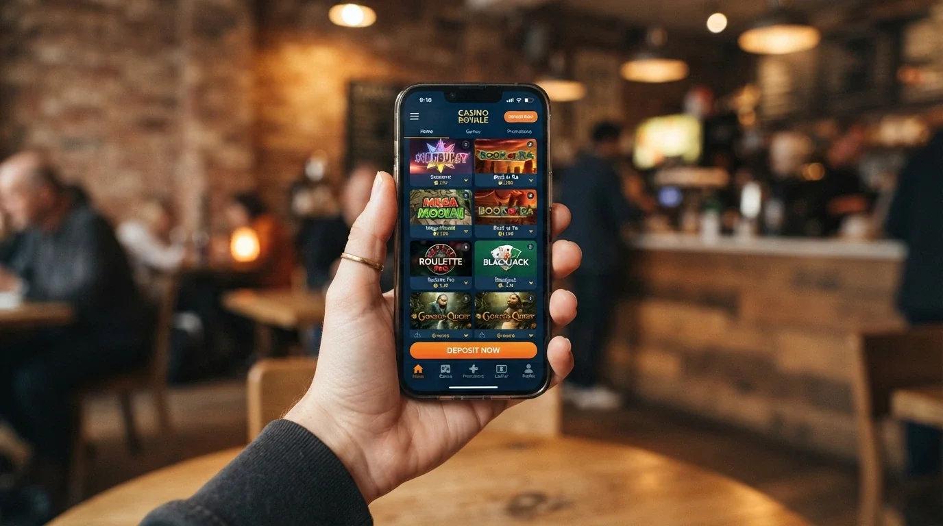 Mano sosteniendo un iPhone en vertical con la interfaz de un casino online abierta y el botón de depósito con Apple Pay visible en la pantalla