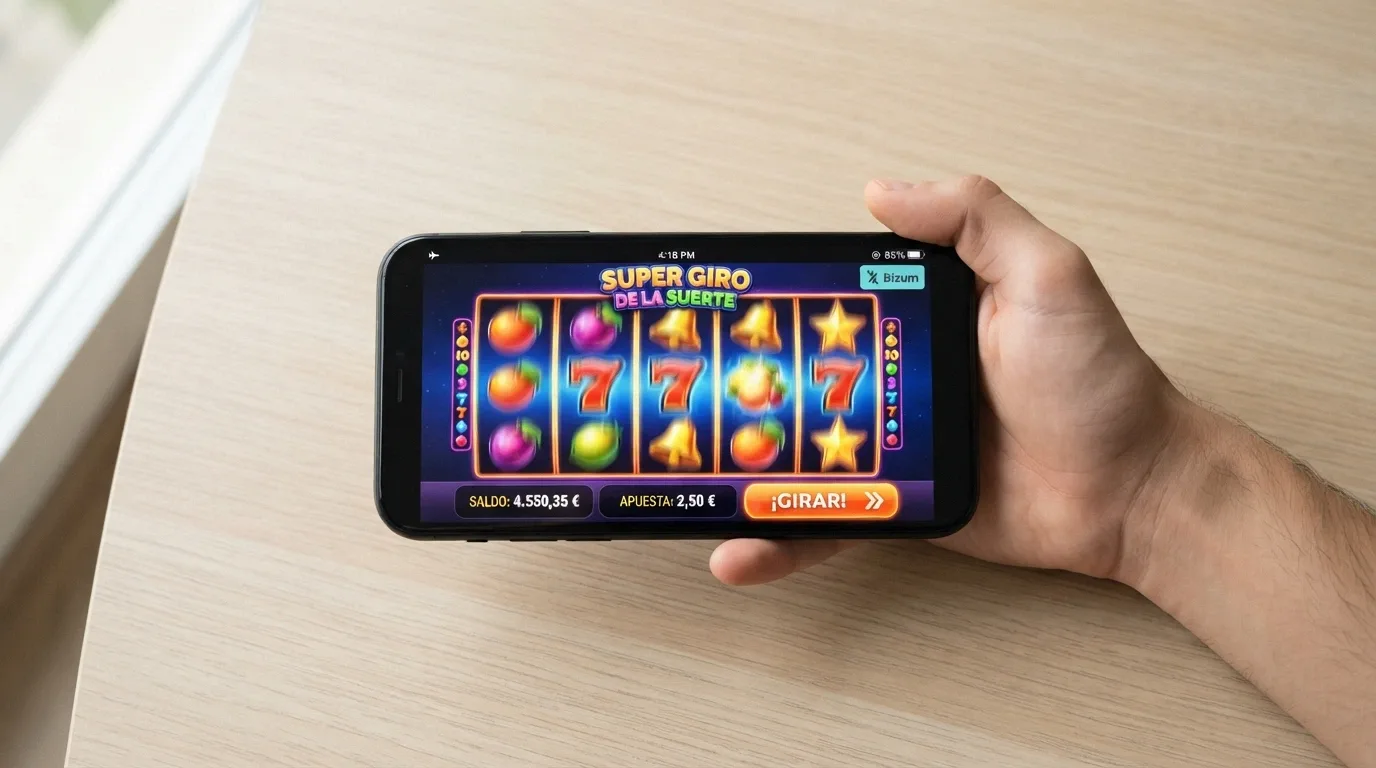 Mano sujetando un smartphone en horizontal con un juego de tragaperras abierto y el icono de CaixaBank Pay visible en la barra de notificaciones
