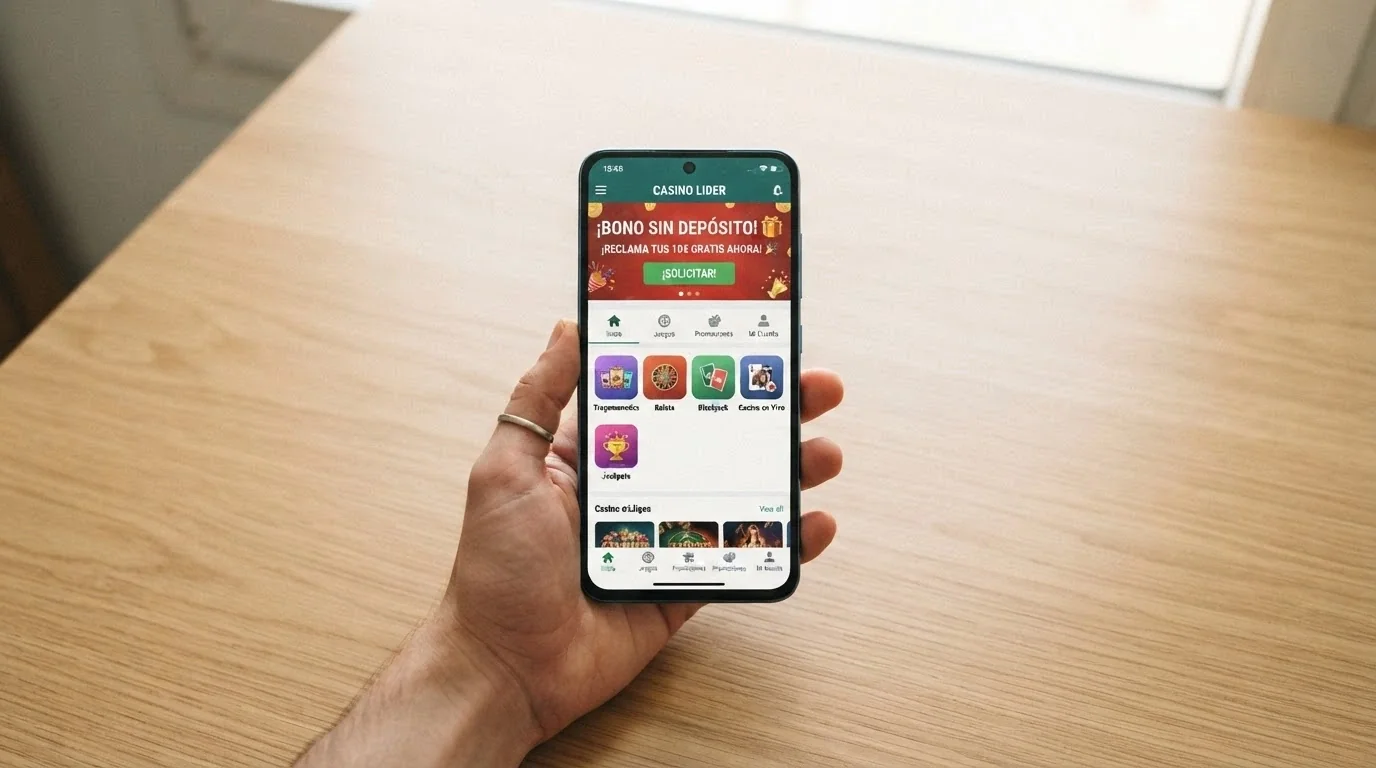 Mano sosteniendo un teléfono móvil con la interfaz de un casino online español abierta y una notificación de bono sin depósito en pantalla