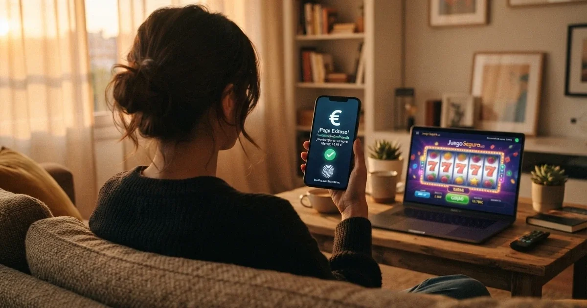 Persona sosteniendo un móvil con la pantalla de confirmación de pago de CaixaBank Pay abierta, junto a la página de un casino online con licencia DGOJ