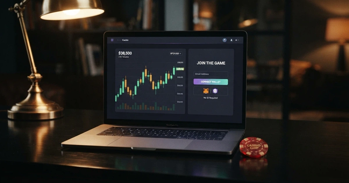 Pantalla de inicio de un casino de criptomonedas con interfaz oscura, gráficos de velas y un botón de registro mínimo sin campo de documento de identidad
